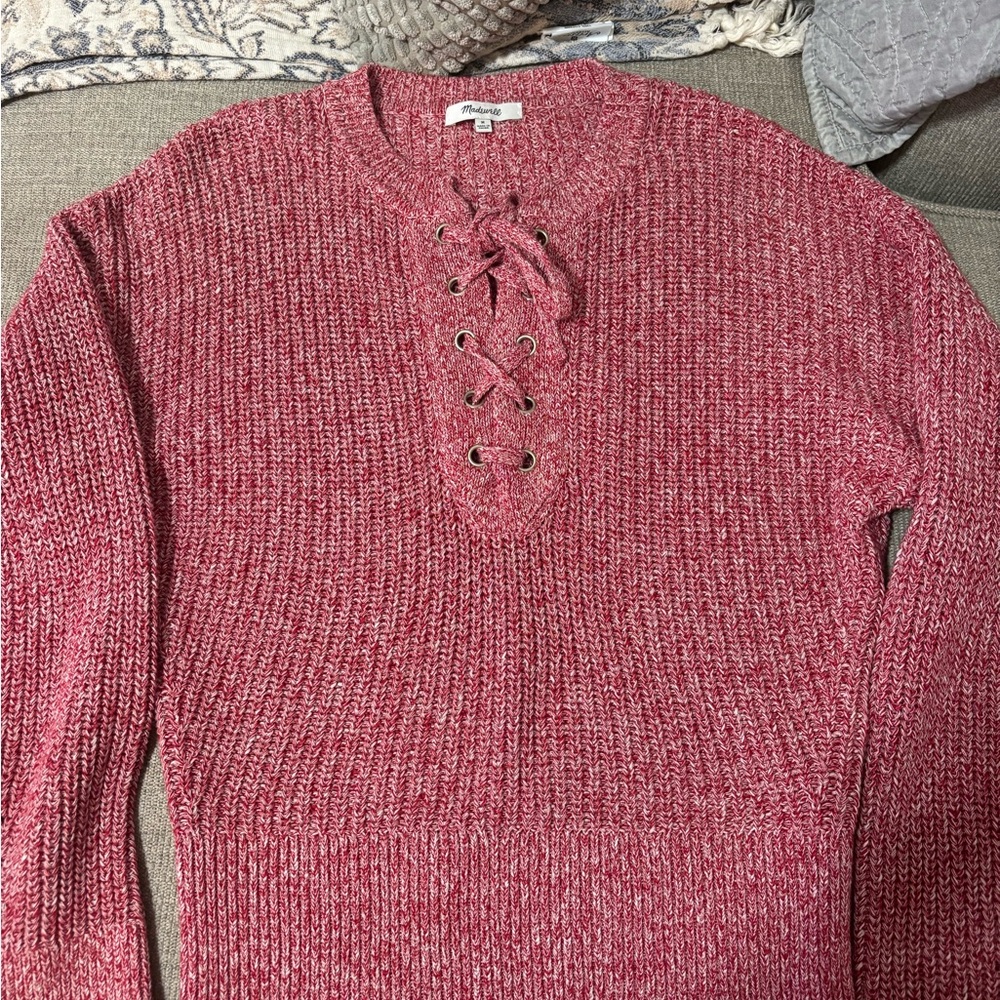 Madewell Red V-Neck Lace-Up Sweater